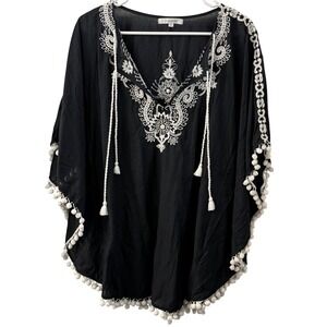 OndadeMar Womens Black Cotton Embroidered Pom Pom Kaftan Tunic Beach Coverup S